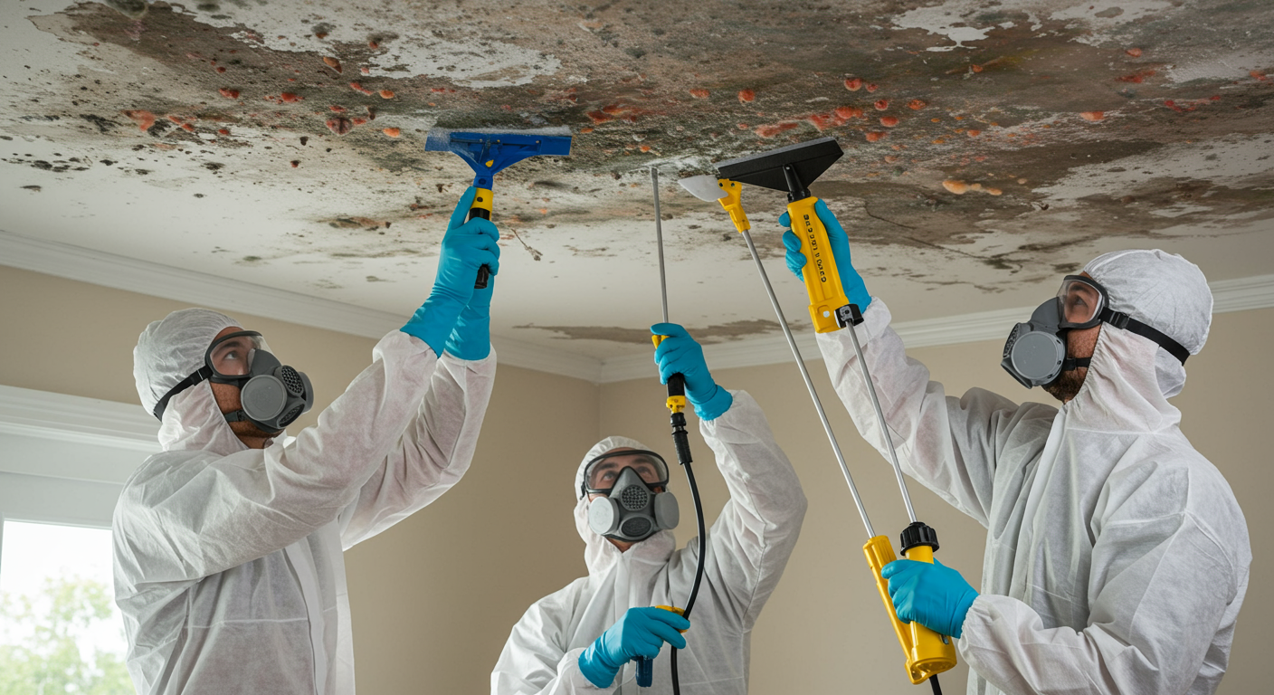 A team of professionals in protective gear actively removing mold from a ceiling, showcasing the process of remediation.