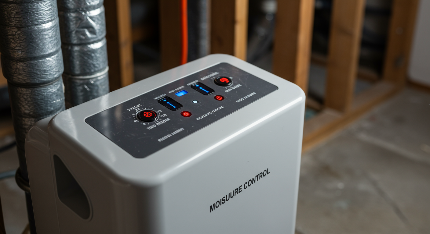 A close-up of a dehumidifier in a basement setting, with visible moisture control indicators. The background shows clean, dry surfaces, emphasizing prevention strategies.