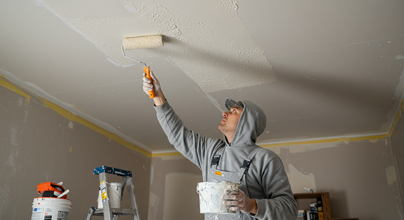 A professional painter applying paint to a popcorn ceiling using a roller.