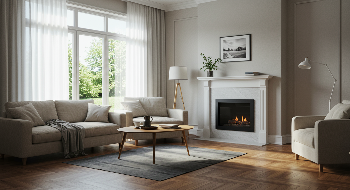 A serene living room environment that has been restored after mold removal, showcasing a healthy and inviting space. Natural light floods the room, symbolizing freshness and cleanliness post-remediation.