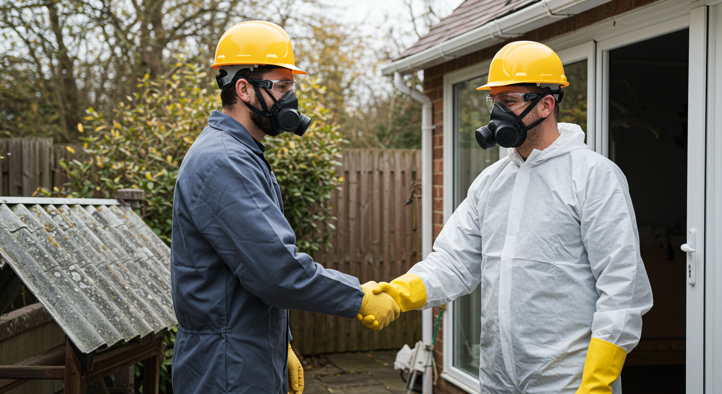 An outdoor scene showing a completed asbestos removal project, with a satisfied homeowner shaking hands with an asbestos specialist. The background features a clean and safe environment, emphasizing the successful removal and safety assurance.
