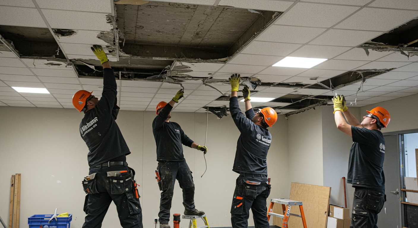A dynamic image showing a team of professionals working together to remove an acoustic ceiling. The focus is on teamwork and the safety measures in place, showcasing a professional and efficient work environment.