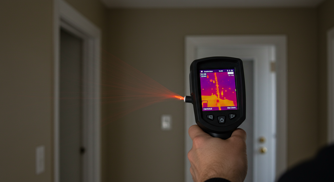 An inspector using a thermal imaging camera to detect hidden mold in a home.