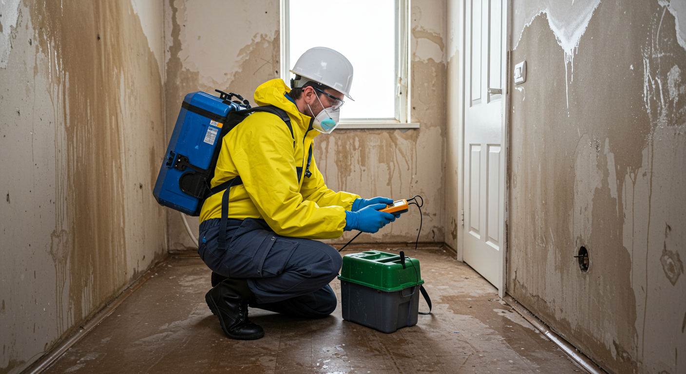 A professional technician in protective gear inspecting a water-damaged area in a home, with visible water stains on the walls and floor. The technician is using a moisture meter to assess the damage.
