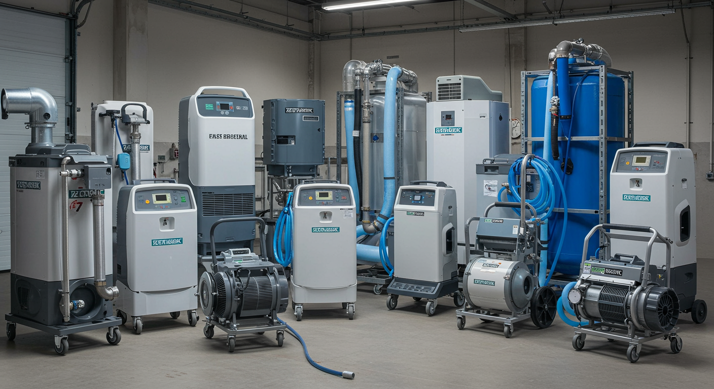 A showcase of modern water cleanup equipment, such as industrial-grade dehumidifiers, air movers, and water extractors, neatly arranged in a workspace.