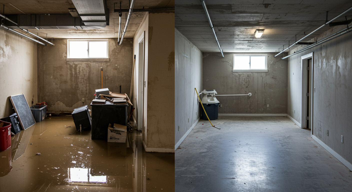 A dramatic before-and-after scene of a flooded basement. The left side shows standing water and damaged items, while the right side showcases a fully restored, clean, and dry basement. The transition highlights the effectiveness of professional water cleanup services.