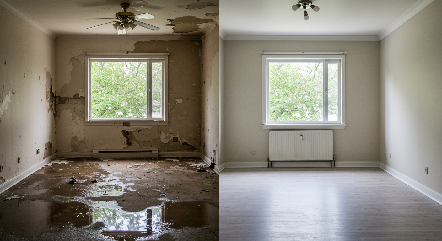 A split image showing a side-by-side comparison of a water-damaged room before and after restoration. The 'before' side shows a soaked carpet and damaged walls, while the 'after' side shows a clean, restored, and dry room.