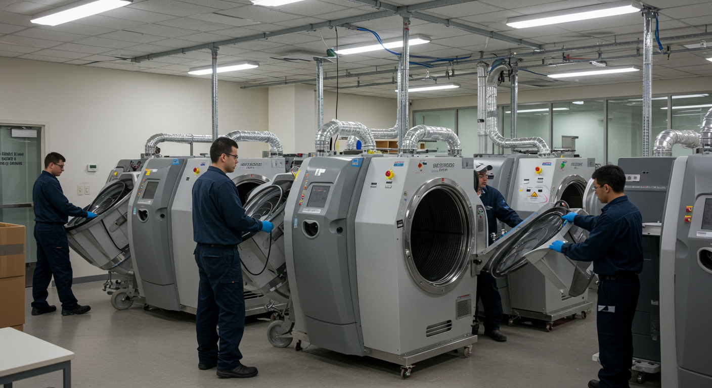 A team of technicians using advanced drying equipment in a large commercial office space. The image highlights the scale of the operation, with multiple machines and a focus on efficiency.