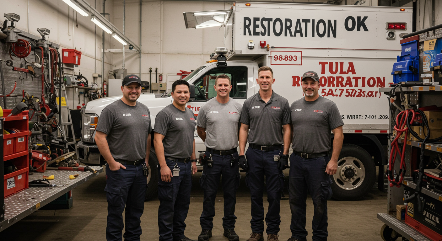 A friendly restoration team standing in front of their branded truck with 'Tulsa, OK' signage visible. The team is smiling and ready to assist, with tools and equipment in the background.