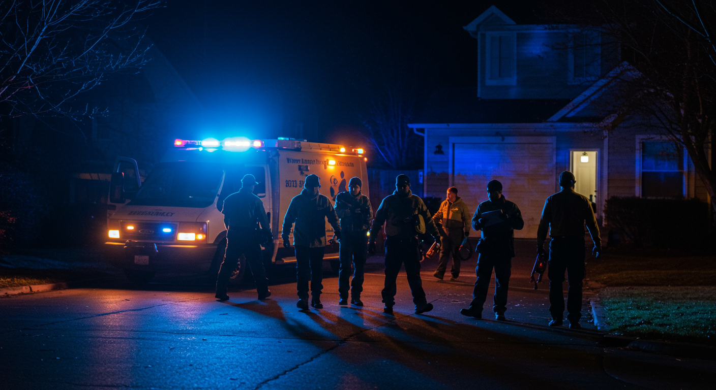 A team of water damage restoration professionals arriving at a residential property at night, with emergency lights on their vehicle. The team is equipped with tools and ready to assess the damage, highlighting the 24/7 availability of services.