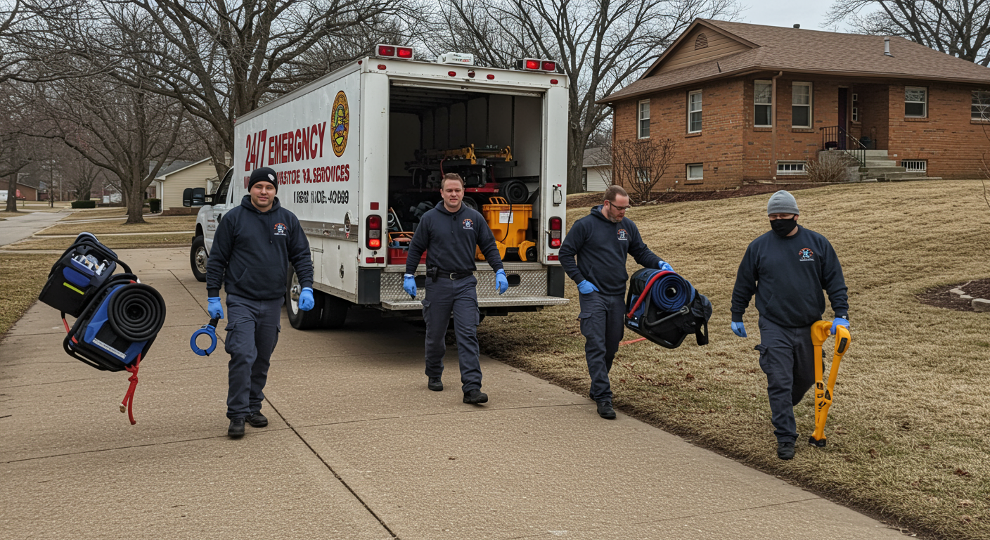 A team of water damage restoration experts arriving at a residential property in Tulsa. The team is unloading equipment from a branded truck with '24/7 Emergency Services' visible.