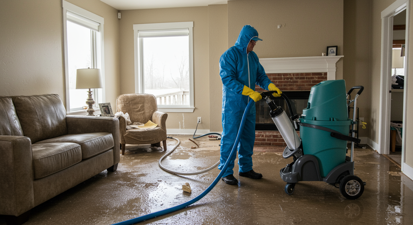 A professional water damage restoration technician using advanced equipment to remove water from a flooded living room.
