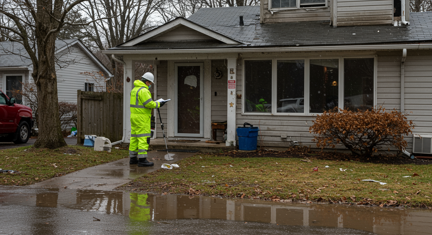 A professional assessing flood damage in a suburban neighborhood.