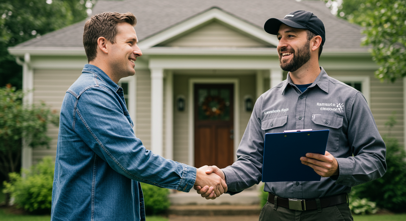 A satisfied homeowner shaking hands with a water cleanup technician in front of a restored home. The technician is holding a clipboard, and the homeowner is smiling, conveying trust and satisfaction.