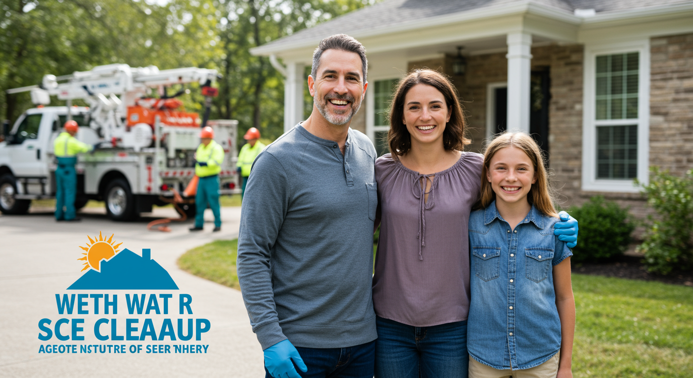 A family standing outside their home, smiling and relieved, with a water cleanup truck and technicians in the background. The house looks clean and restored, symbolizing trust and reliability in the service.