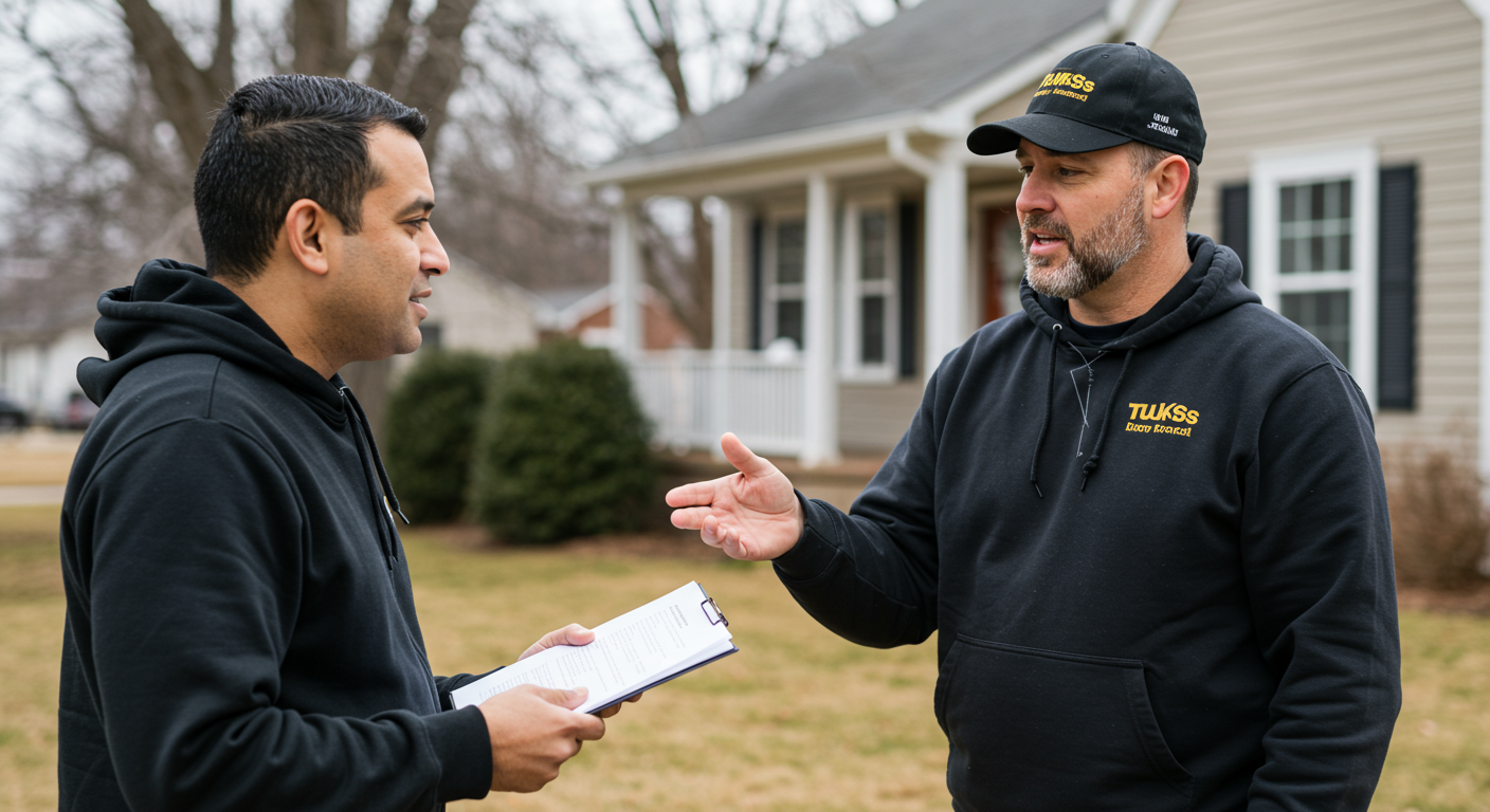 A friendly local contractor interacting with a homeowner outside a house, discussing mold removal options. The setting is a typical Tulsa neighborhood, showcasing a sense of community and trust.