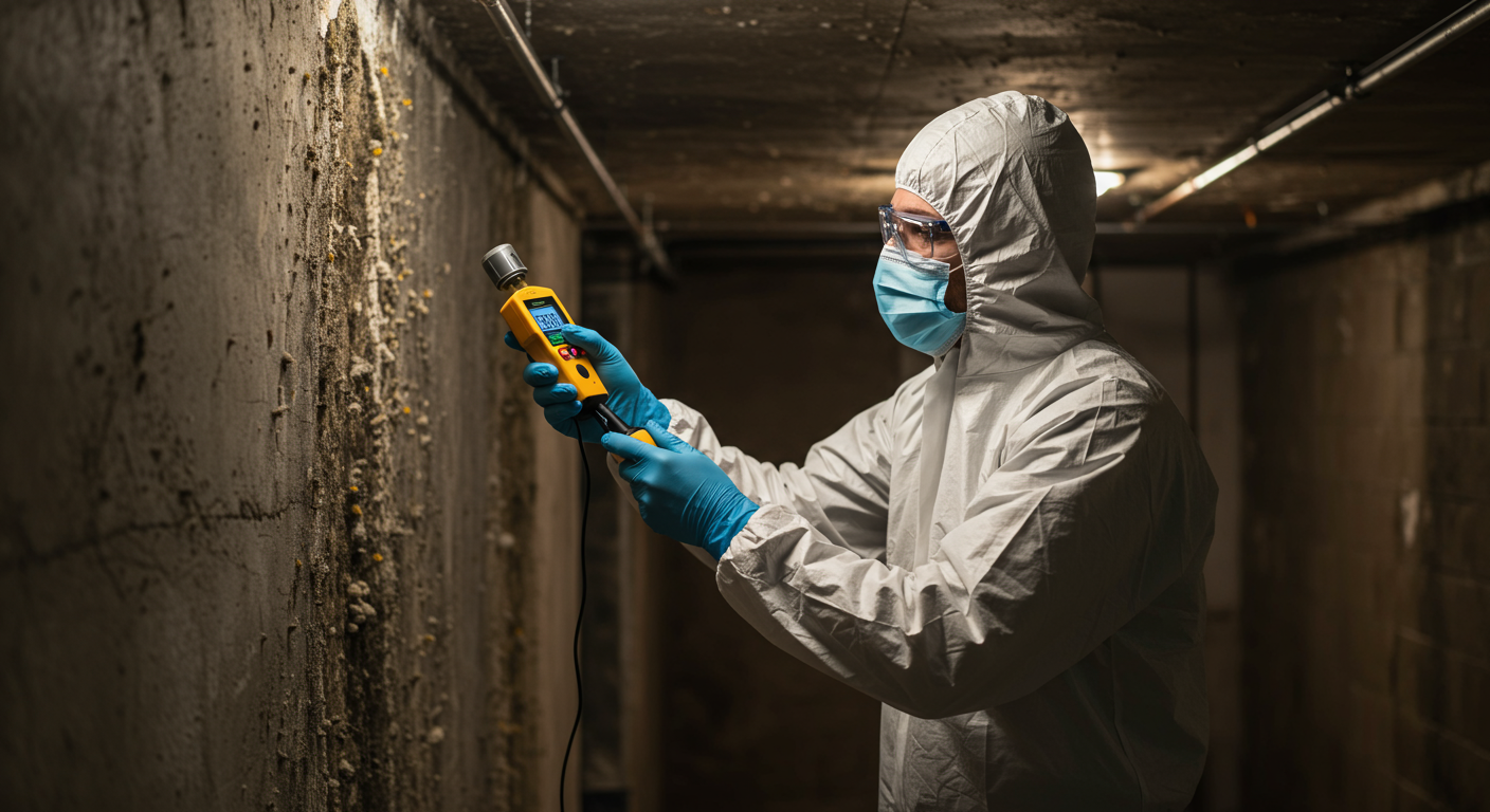 A professional wearing protective gear, inspecting a damp wall with a moisture meter. The background shows a dimly lit basement with visible mold patches.