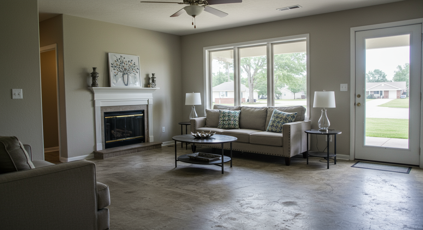 A serene image of a restored home in Tulsa, OK, with a clean and dry interior, symbolizing the successful completion of water cleanup services. The living room is well-lit with modern furniture.