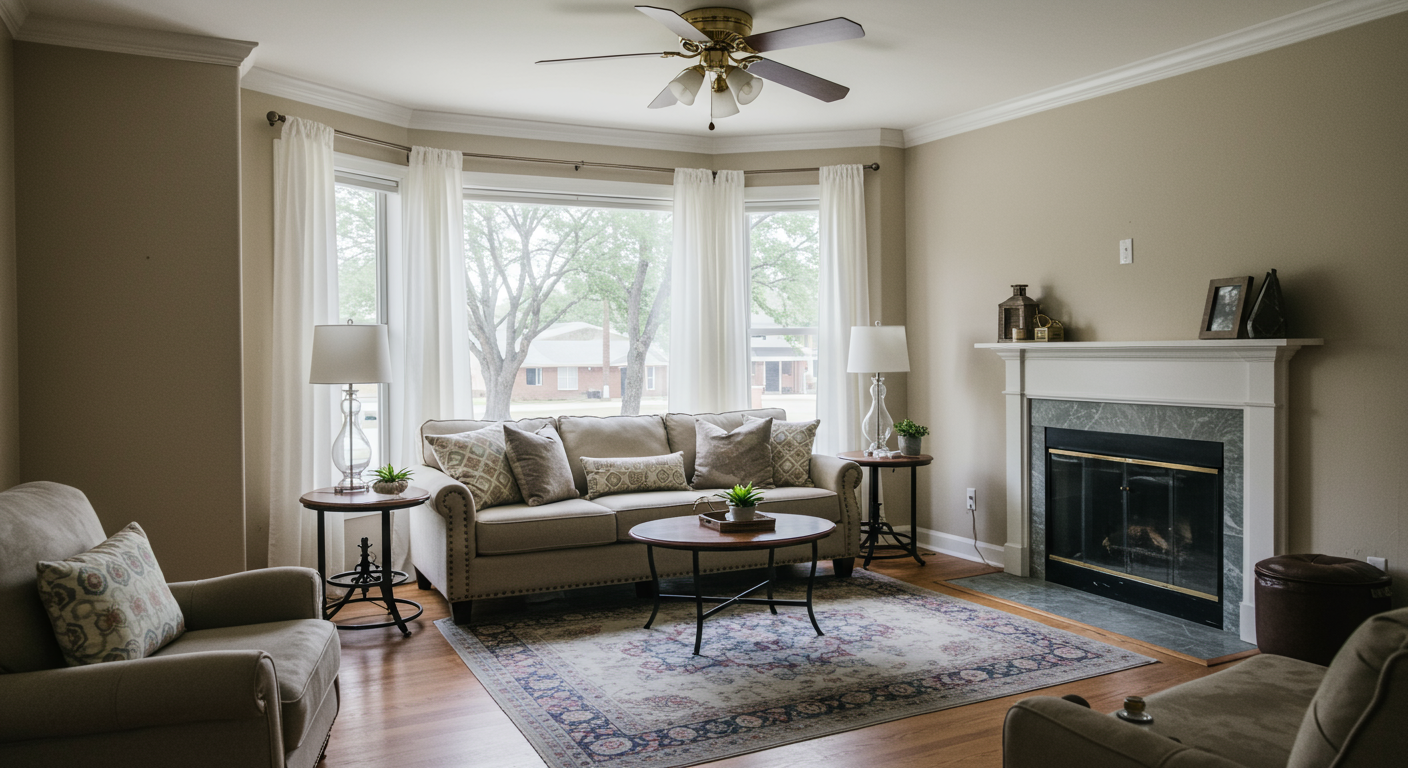 A serene and fully restored residential property in Tulsa, OK, showcasing the results of professional water cleanup services. The living room is clean, dry, and beautifully arranged, with natural light streaming through the windows.