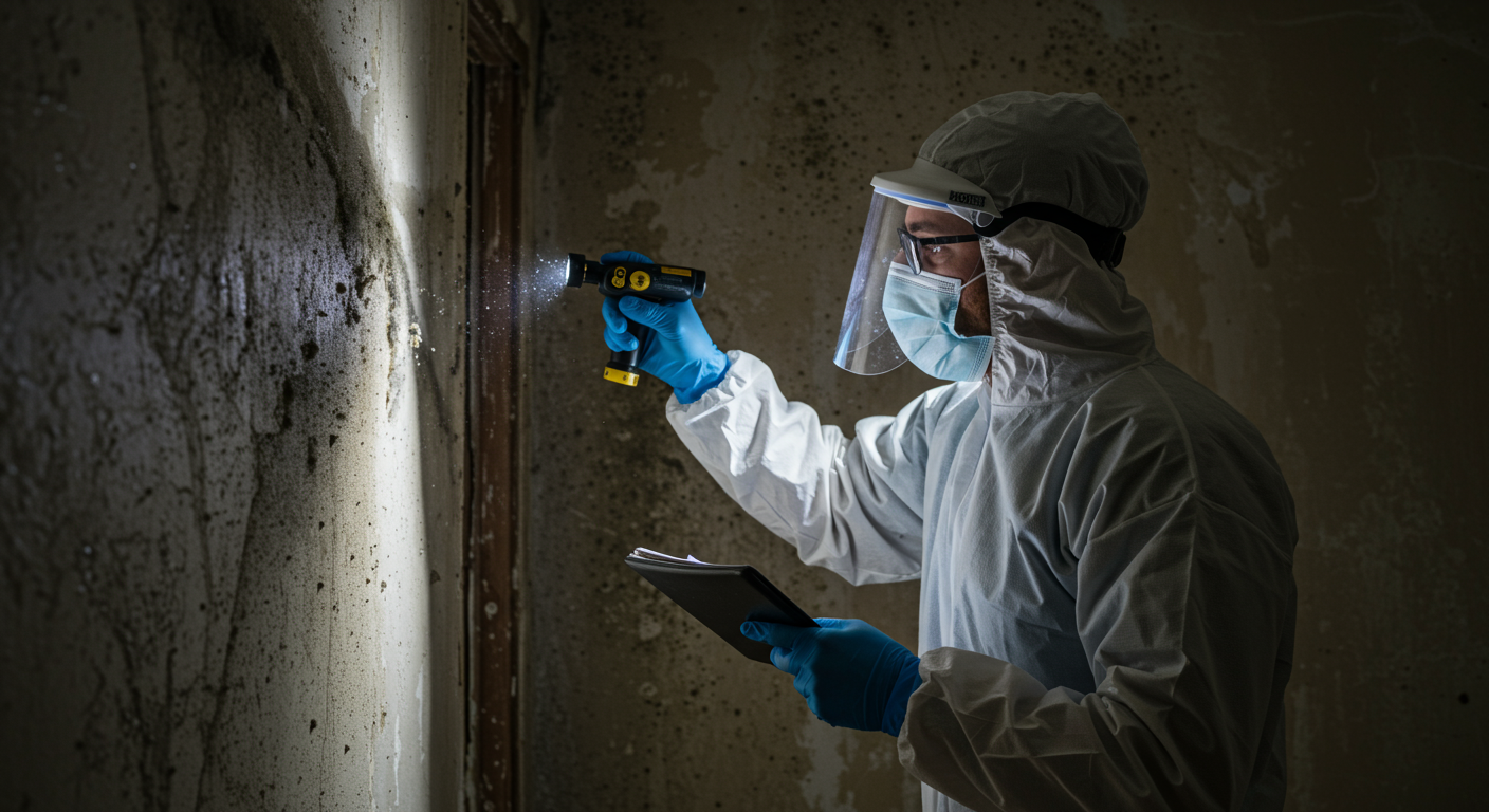 A certified technician wearing protective gear inspecting a wall for mold growth after water damage. The wall shows visible signs of mold, and the technician is using a flashlight and moisture meter.