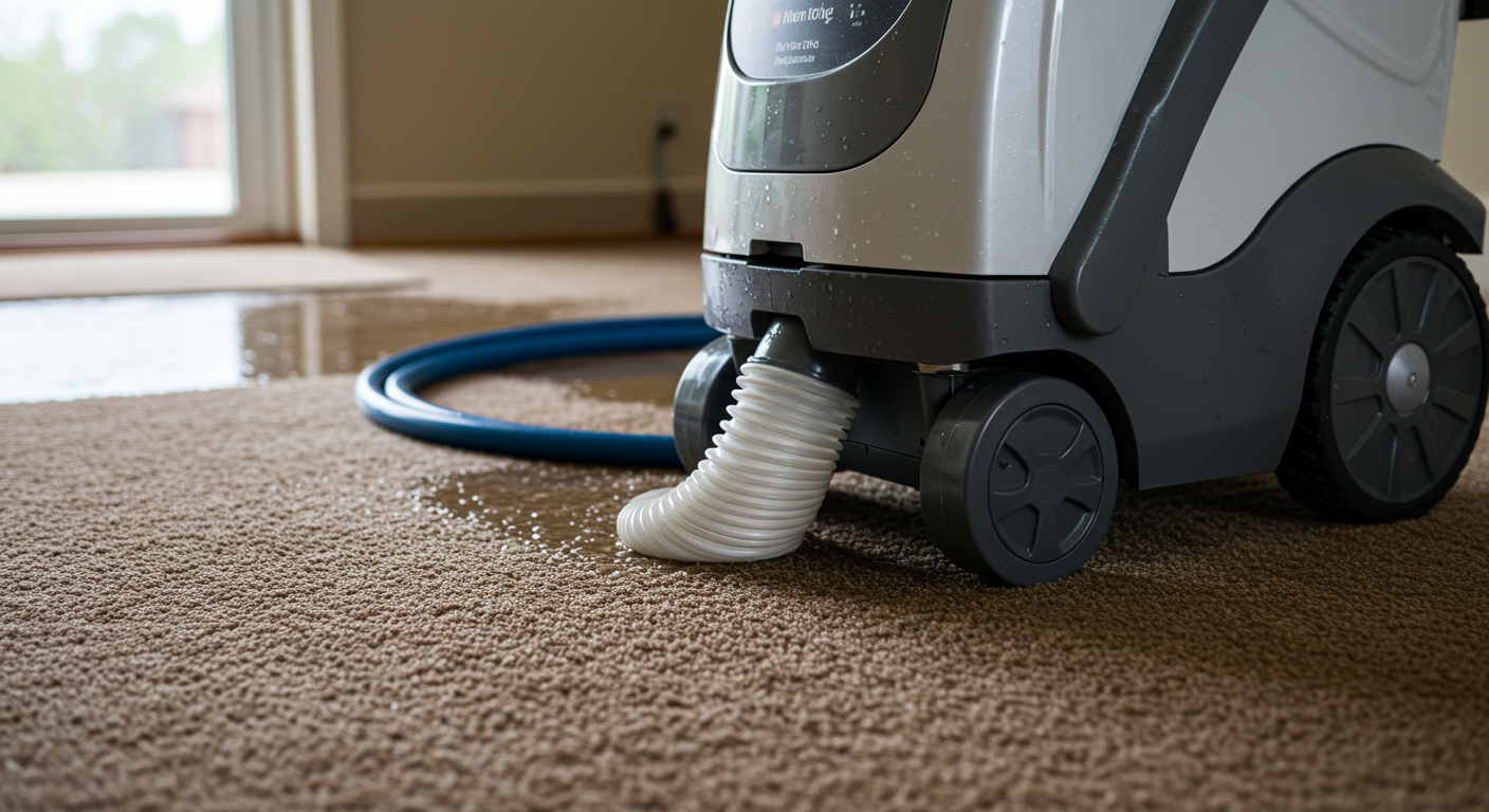 A close-up of industrial-grade water extraction and drying equipment in action, placed on a wet carpet in a Tulsa home. The equipment is sleek and modern, showcasing the advanced technology used in water damage restoration.