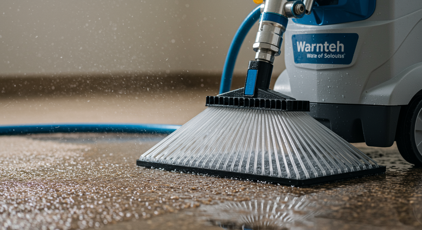 A close-up of high-tech water extraction equipment being used on a wet carpet. The equipment is sleek and modern, with visible water being removed.