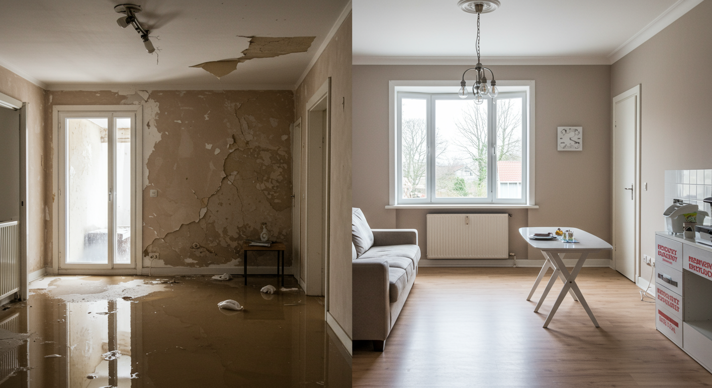 A split image showing a room before water removal (flooded and damaged) and after the restoration (clean and dry). This visual transformation highlights the effectiveness of emergency services.