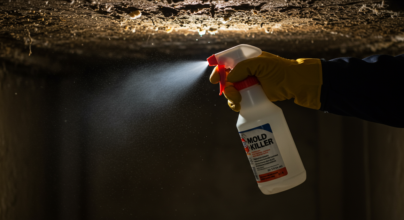 A close-up shot of a person applying a mold killer spray in a dimly lit crawl space. The focus is on the spray bottle and the action of spraying, with visible mold on the walls in the background.