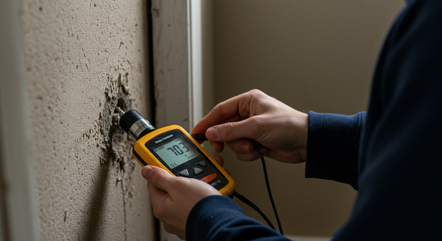 An inspector examining a damp area in a home with a moisture meter, showcasing the assessment stage of mold remediation.