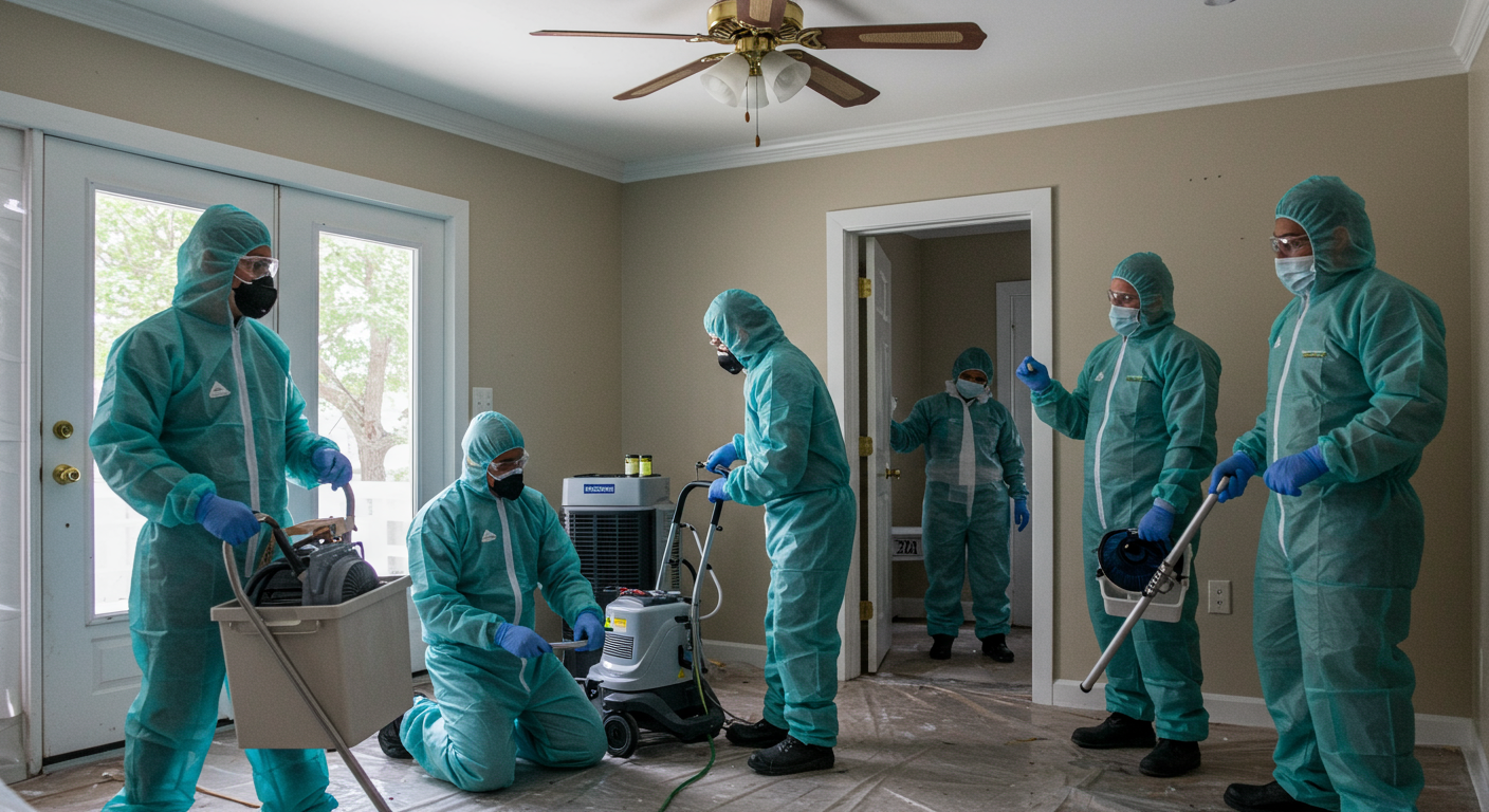 A team of mold remediation professionals actively working in a home, using equipment like air scrubbers and dehumidifiers.