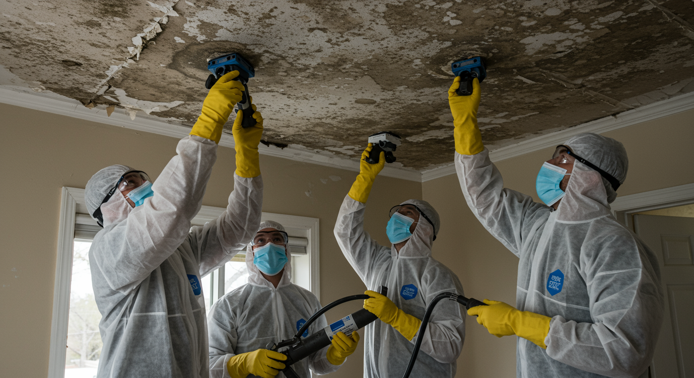 A team of certified mold remediation professionals in action, wearing protective gear while removing mold from a ceiling. The setting is a home environment, emphasizing teamwork and expertise in handling mold issues.