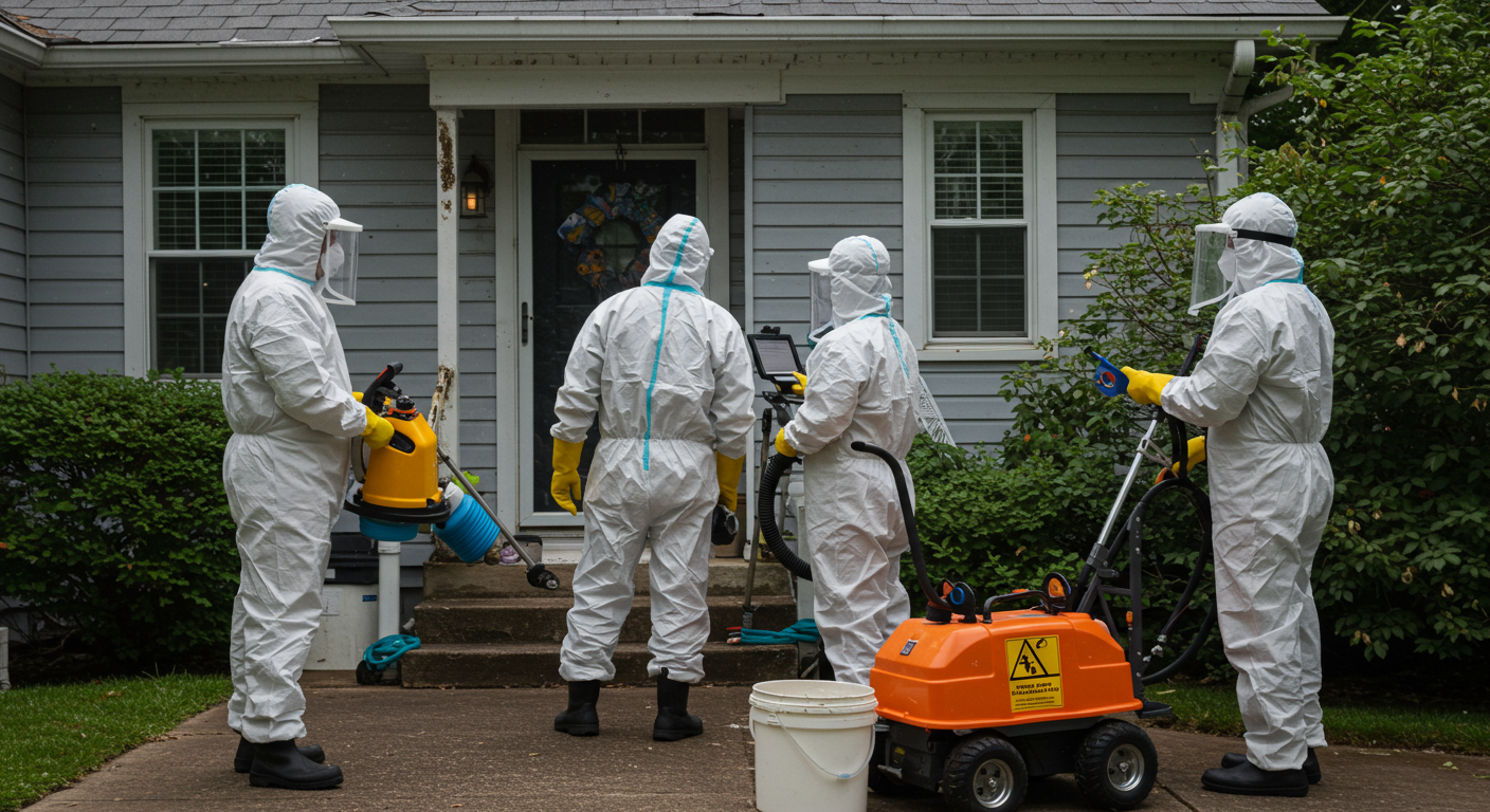 A team of professionals in protective suits using advanced equipment to remove mold from a residential property. The image captures teamwork and the use of technology in the mold removal process.