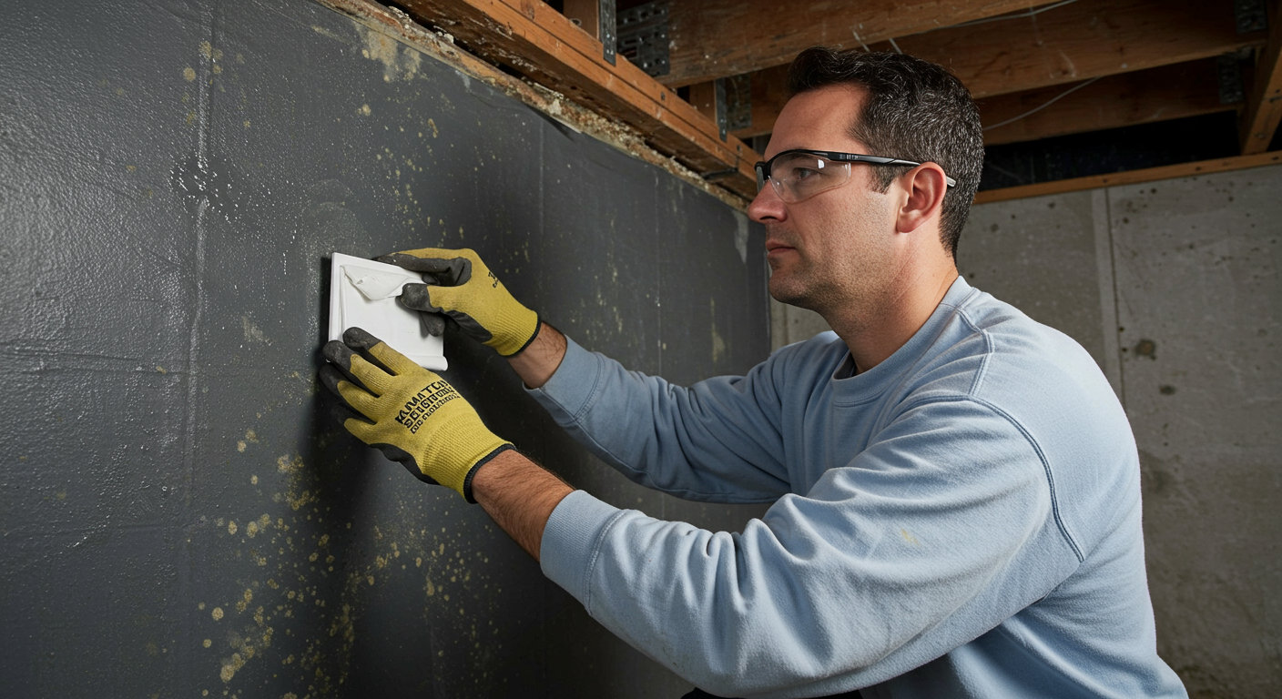 A technician applying a mold-resistant sealant to a basement wall, showcasing the preventative measures taken after mold removal.