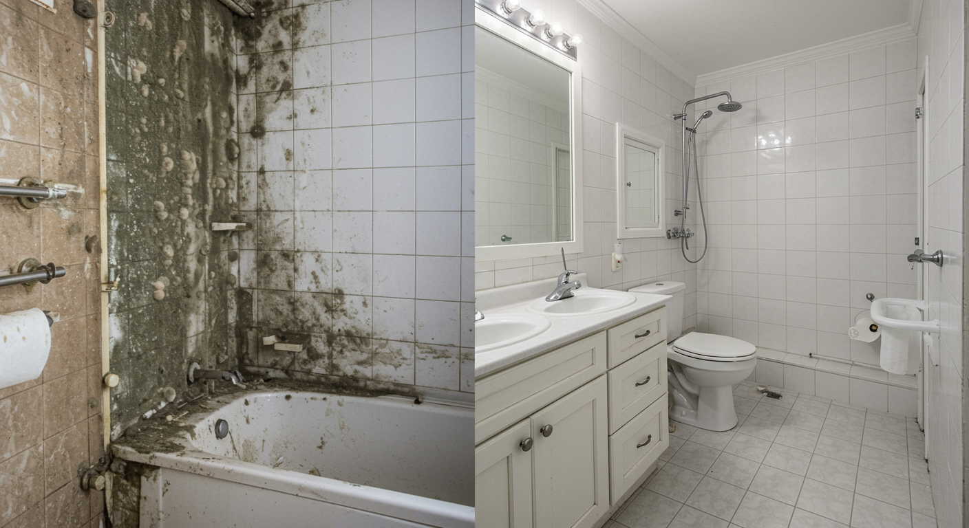 A split image showing a mold-infested bathroom on one side and the same bathroom after professional mold treatment, highlighting the transformation and effectiveness of remediation.