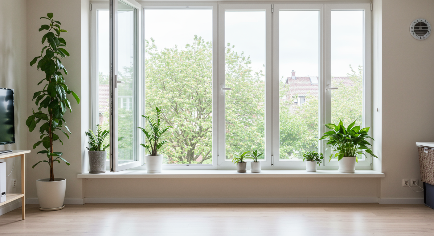 A bright and inviting image of a clean, well-ventilated room with open windows and houseplants, symbolizing a mold-free environment.
