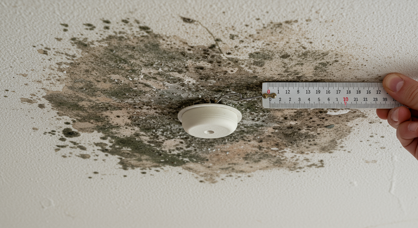 A ceiling with water stains and mold growth, alongside a measuring tool indicating moisture levels.