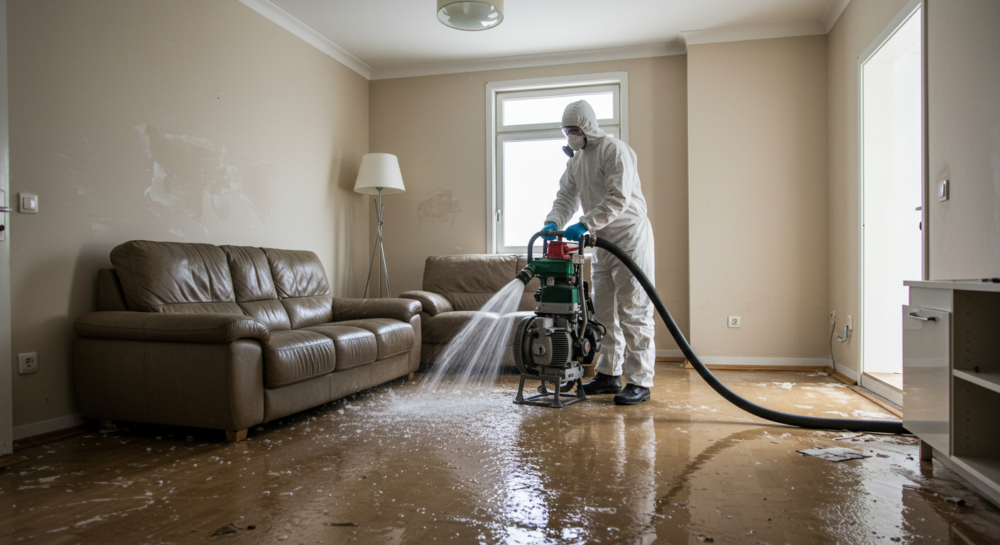 A professional restoration technician in a protective suit is actively extracting water from a flooded living room using a powerful pump.