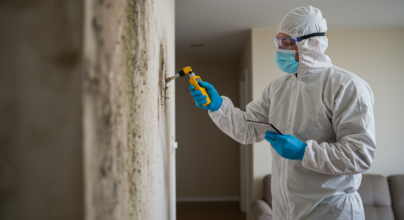 A professional mold inspector wearing protective gear examines a wall in a residential living room. The inspector is using a moisture meter, and there are visible signs of mold on the wall.