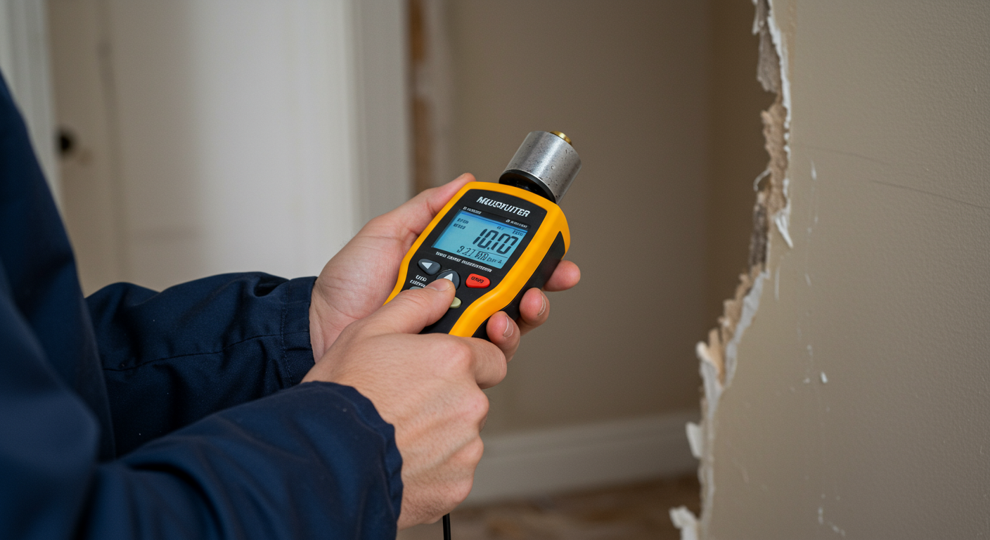 A technician using a moisture meter to assess water damage in a residential property, with a focus on the device and the technician's concentration. The background shows a partially damaged wall.