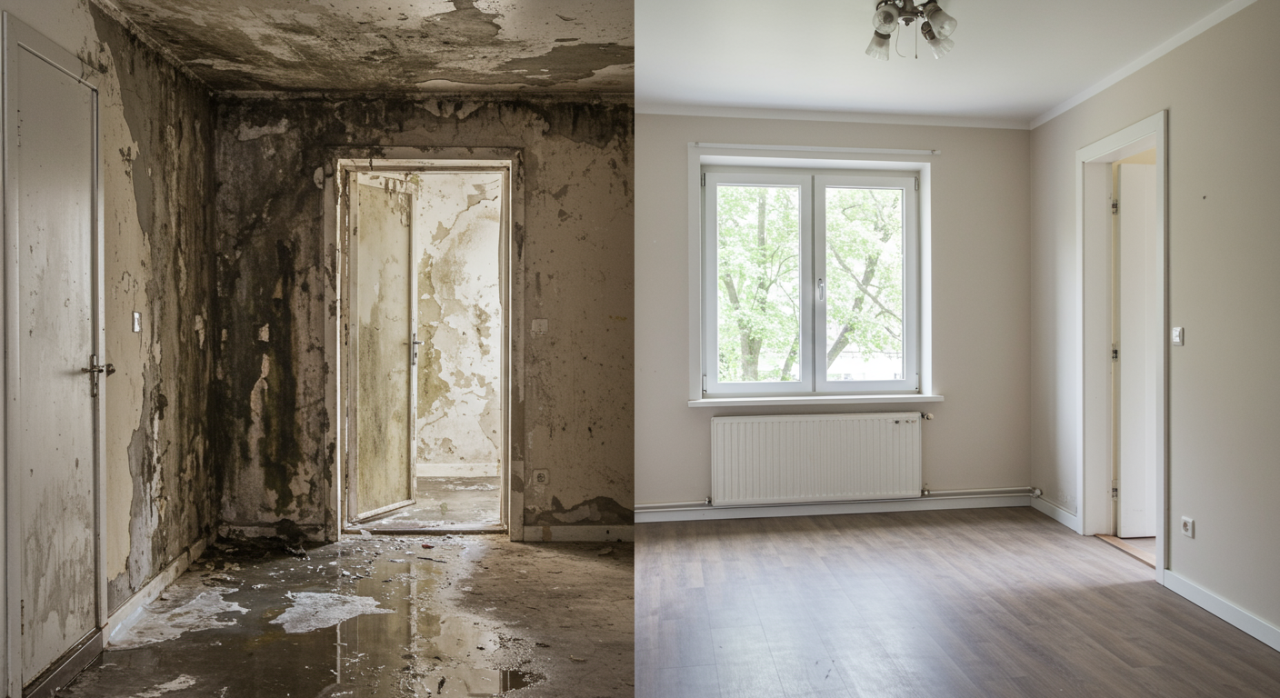 A split image showing a before-and-after scenario: one side depicts a water-damaged room with visible mold, and the other side shows the same room after professional remediation, clean and dry.