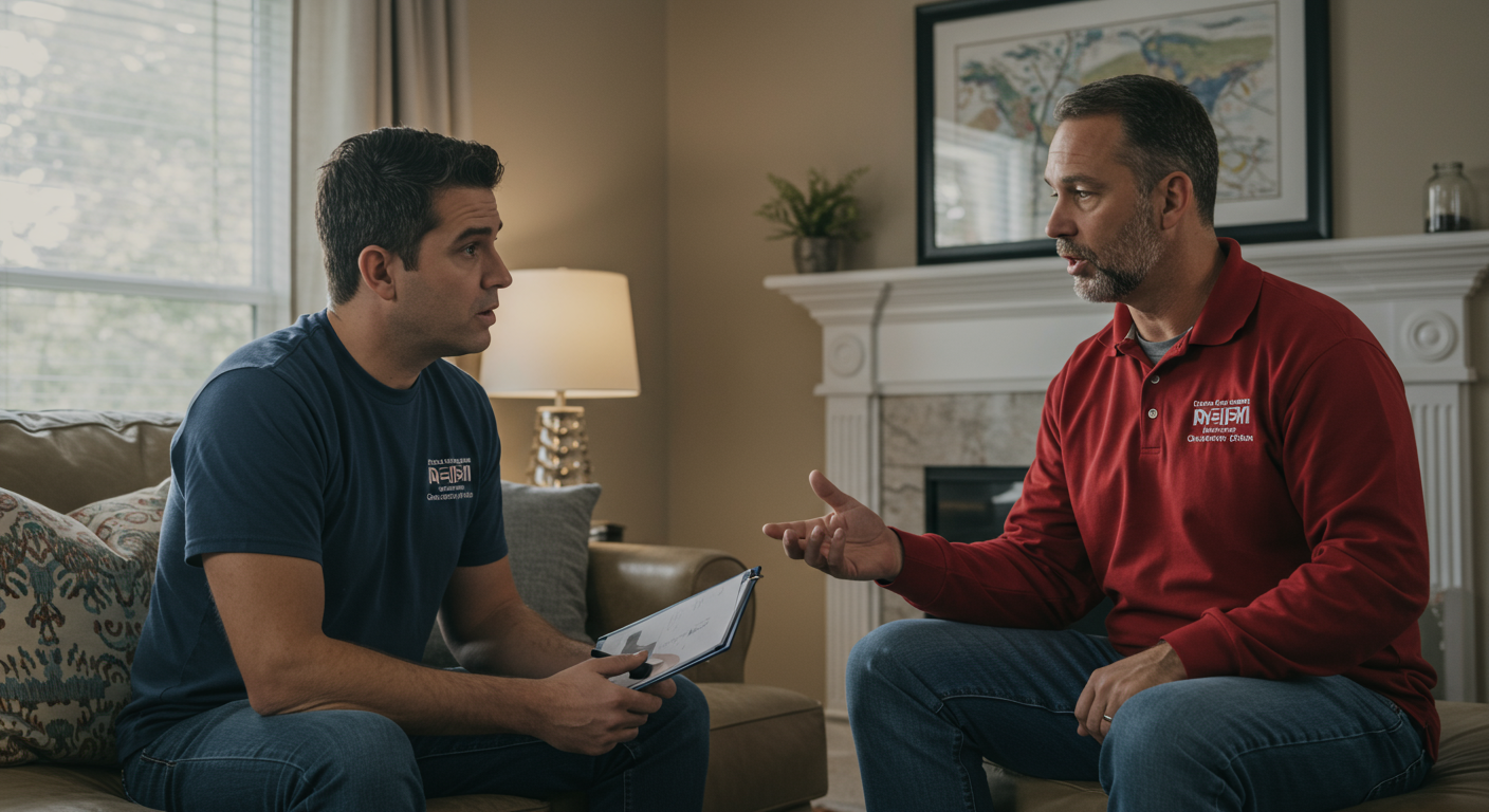 A contractor and a homeowner discussing the popcorn ceiling removal process in a cozy living room. The image captures the consultation aspect, emphasizing professionalism and customer service.