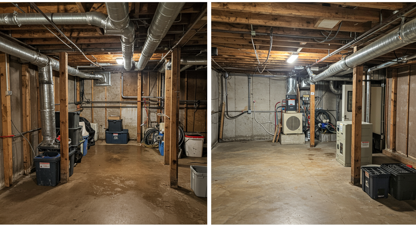 A before-and-after comparison of a crawl space, with the 'before' showing dampness and clutter, and the 'after' showcasing a clean, encapsulated space with proper ventilation and moisture control systems in place.