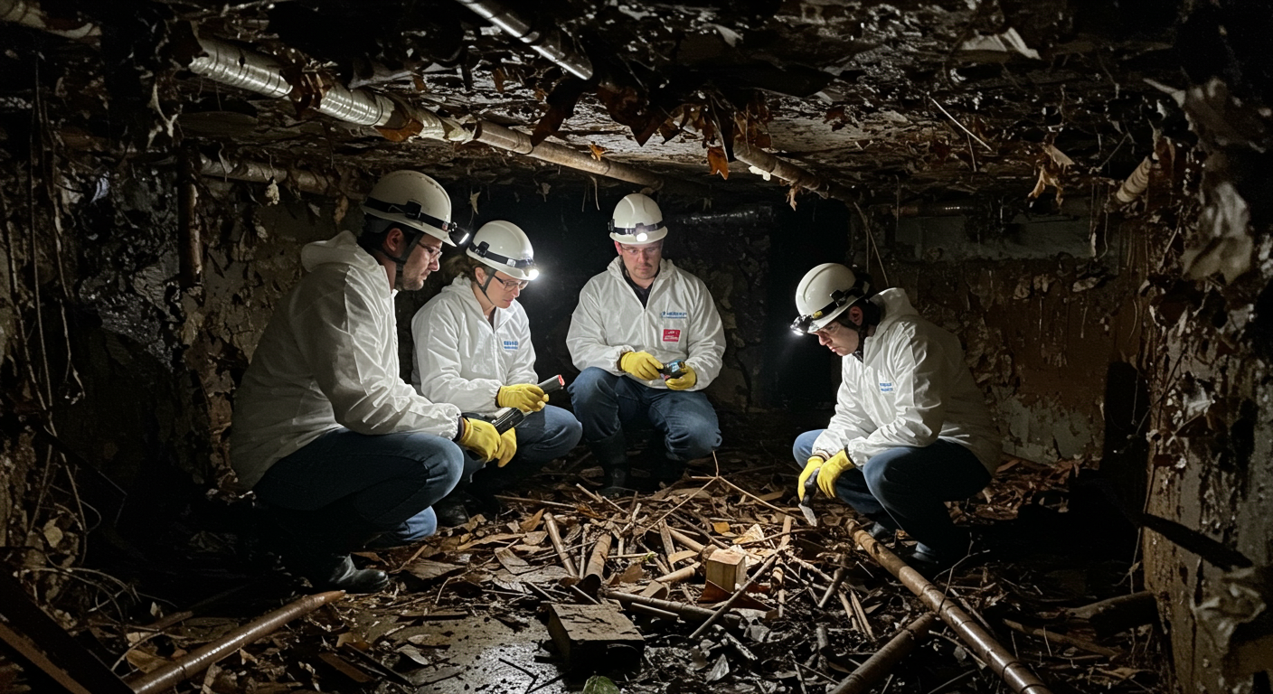A professional team in safety gear inspecting a crawl space filled with debris and moisture. The focus is on the team members assessing the area with flashlights and tools.