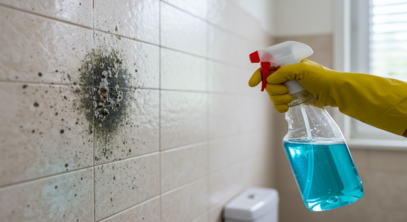A homeowner using a spray bottle with a cleaning solution to treat mold on a bathroom wall. The setting is bright and shows a clean, organized space.