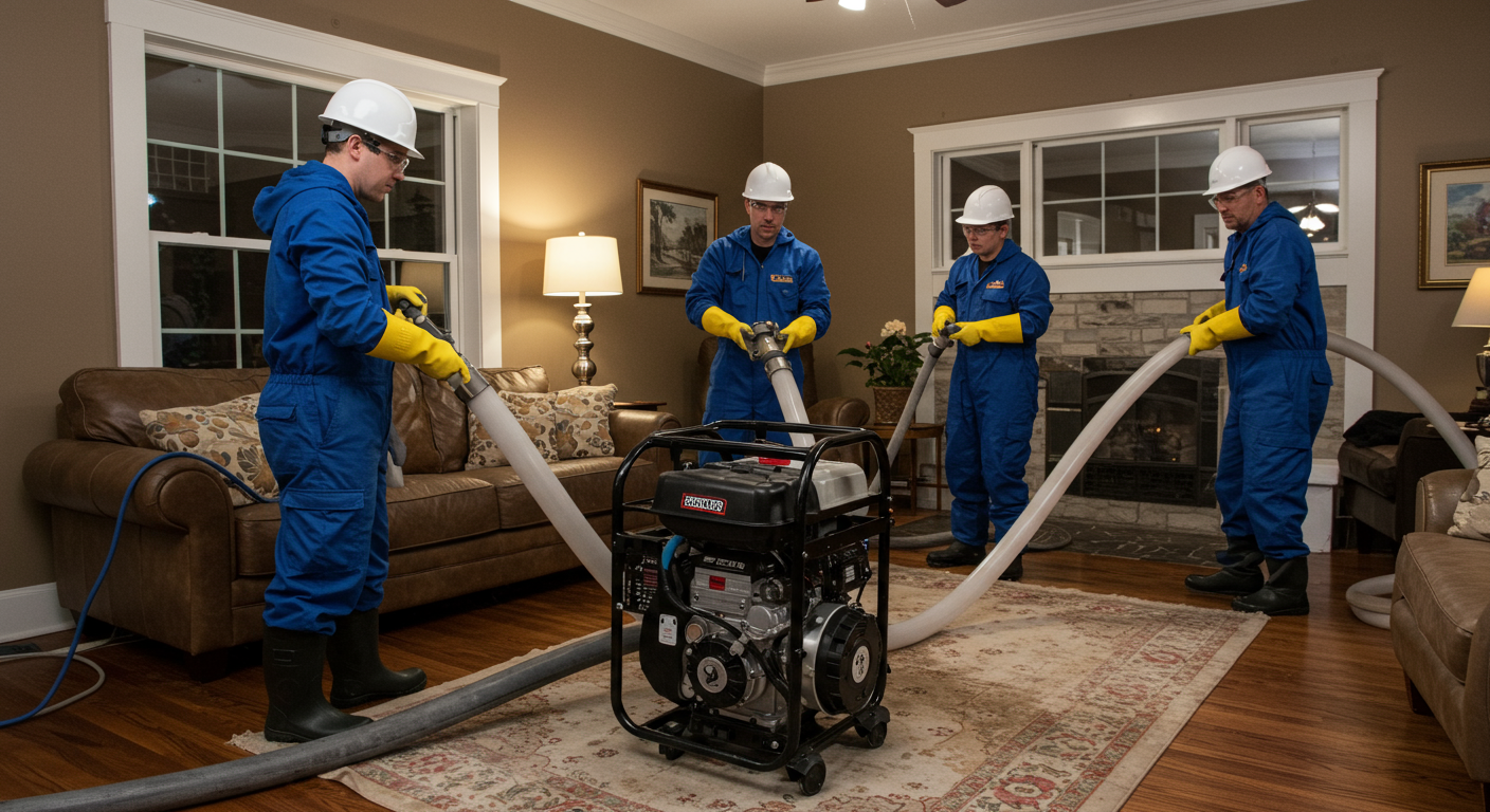 A team of professionals in safety gear actively working to remove water from a flooded living room.