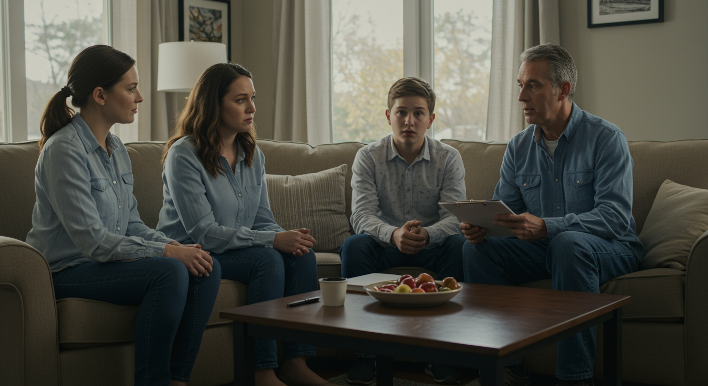 A family sitting in their living room, discussing mold concerns with a professional inspector. The setting is cozy, and the expressions on their faces convey a mix of concern and hope for resolution.