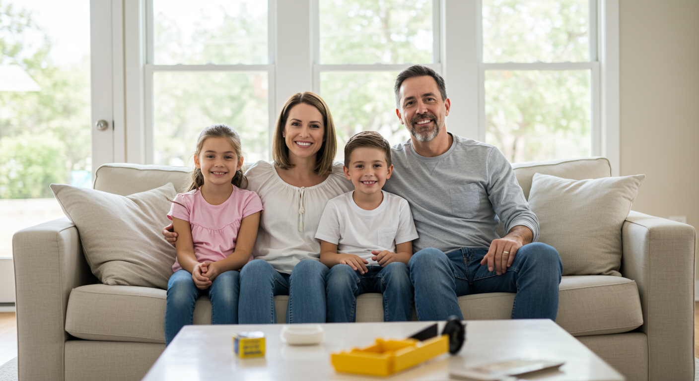 A family sitting together in a clean, bright living room, looking relieved and happy after mold remediation services.