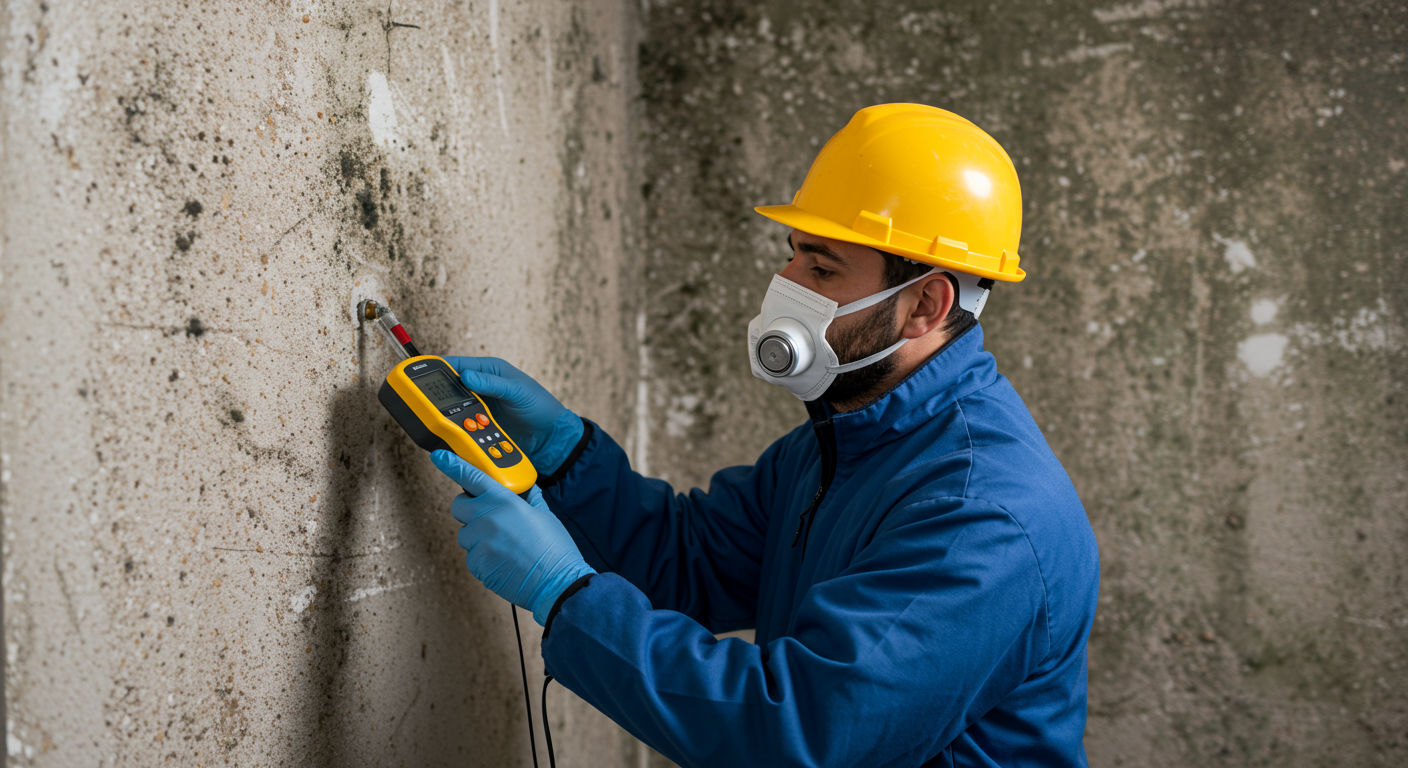 A professional mold inspector examining a wall with a moisture meter, highlighting areas of concern.