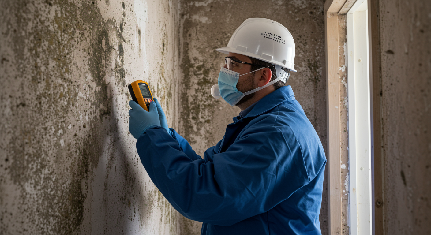 A professional mold inspector examining a wall with a moisture meter, highlighting areas of concern. The inspector is wearing protective gear, and there are visible signs of mold on the wall.