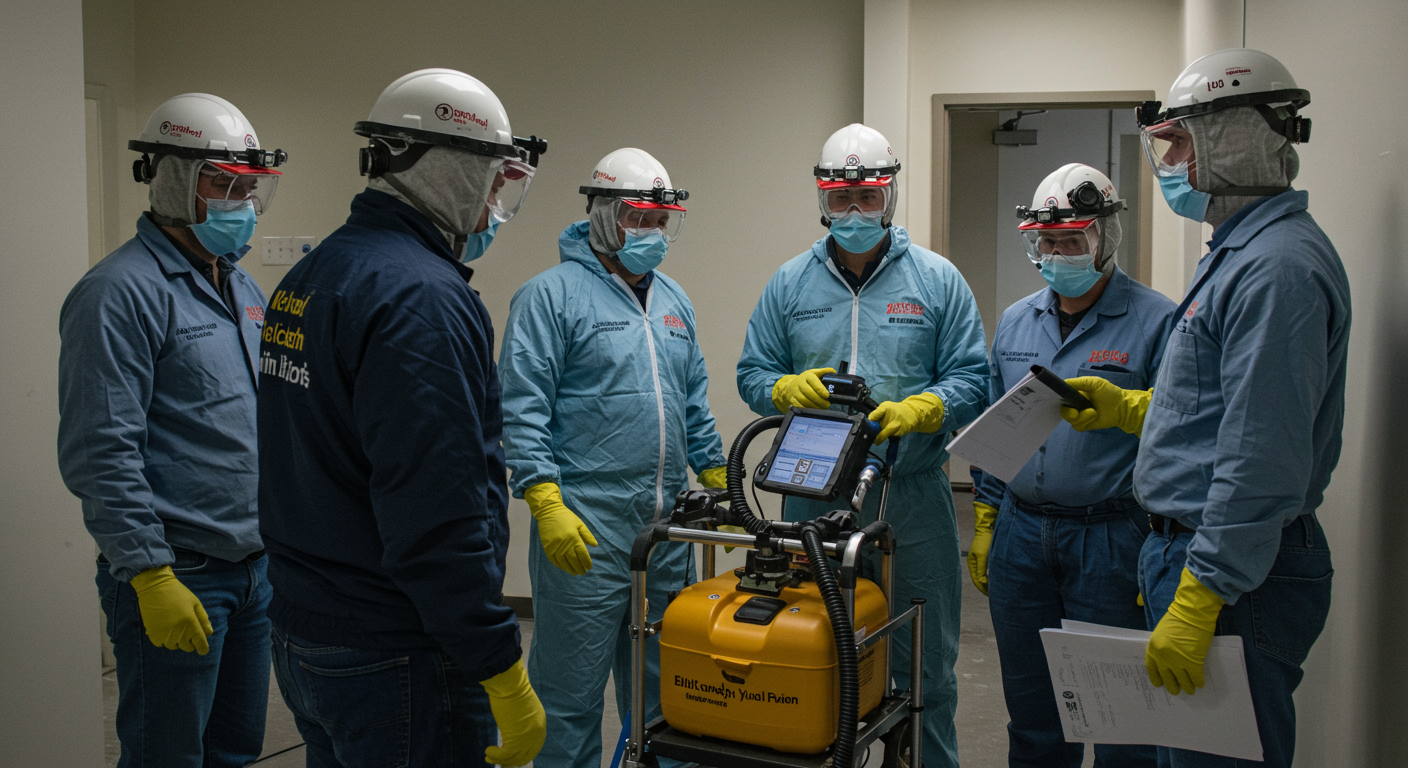 A team of mold remediation specialists working together in a commercial building, using advanced equipment to remove mold.